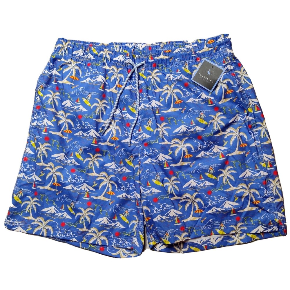 TAILORBYRD Men Size Medium Blue Hawaiian Surfer‎ Brief Lined 7" Swim Shorts NEW